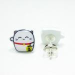 Lucky Cat Earrings - White Sterling Silver Posts..