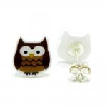 Owl Earrings - Brown Sterling Silver Posts Studs..
