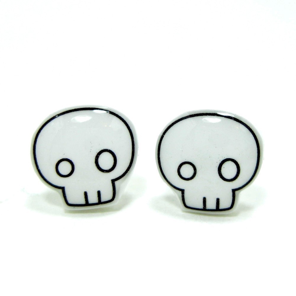 Skull Earrings - White Sterling Silver Posts Studs Emo Punk Kawaii Cute