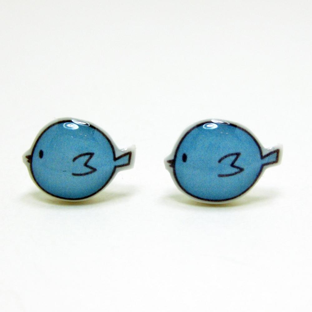 Blue Bird Earrings - Sterling Silver Posts Studs Kawaii Cute