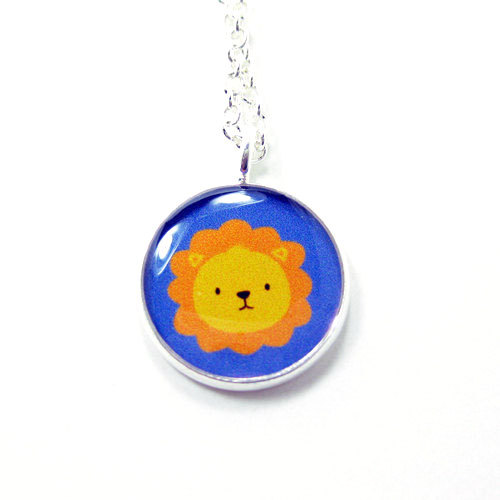 Lion Necklace - Kawaii Cute Blue Yellow Orange Silver Plated 17 Inch