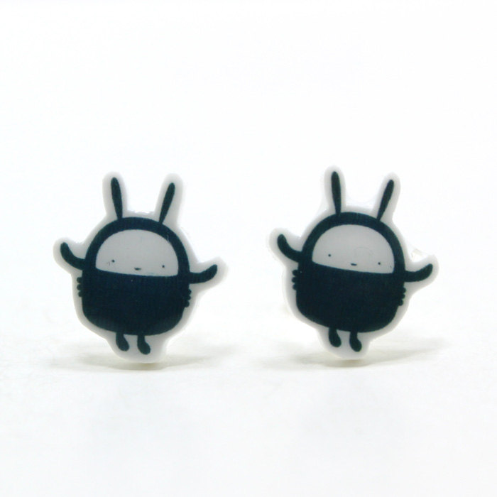Teal Monster Bunny Post Earrings - Sterling Silver Posts Studs Kawaii Cute