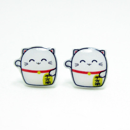 Lucky Cat Earrings - White Sterling Silver Posts Studs Kawaii Cute