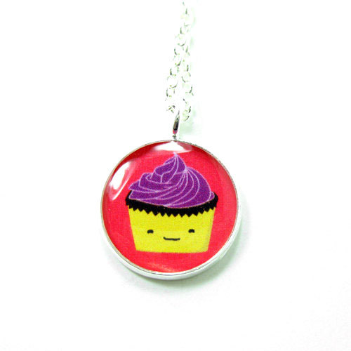Cupcake Necklace - Pink Purple Kawaii Cute Silver Plated 17 Inch