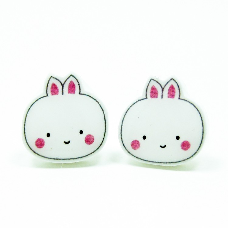 Bunny Earrings - White Sterling Silver Posts Studs Kawaii Cute