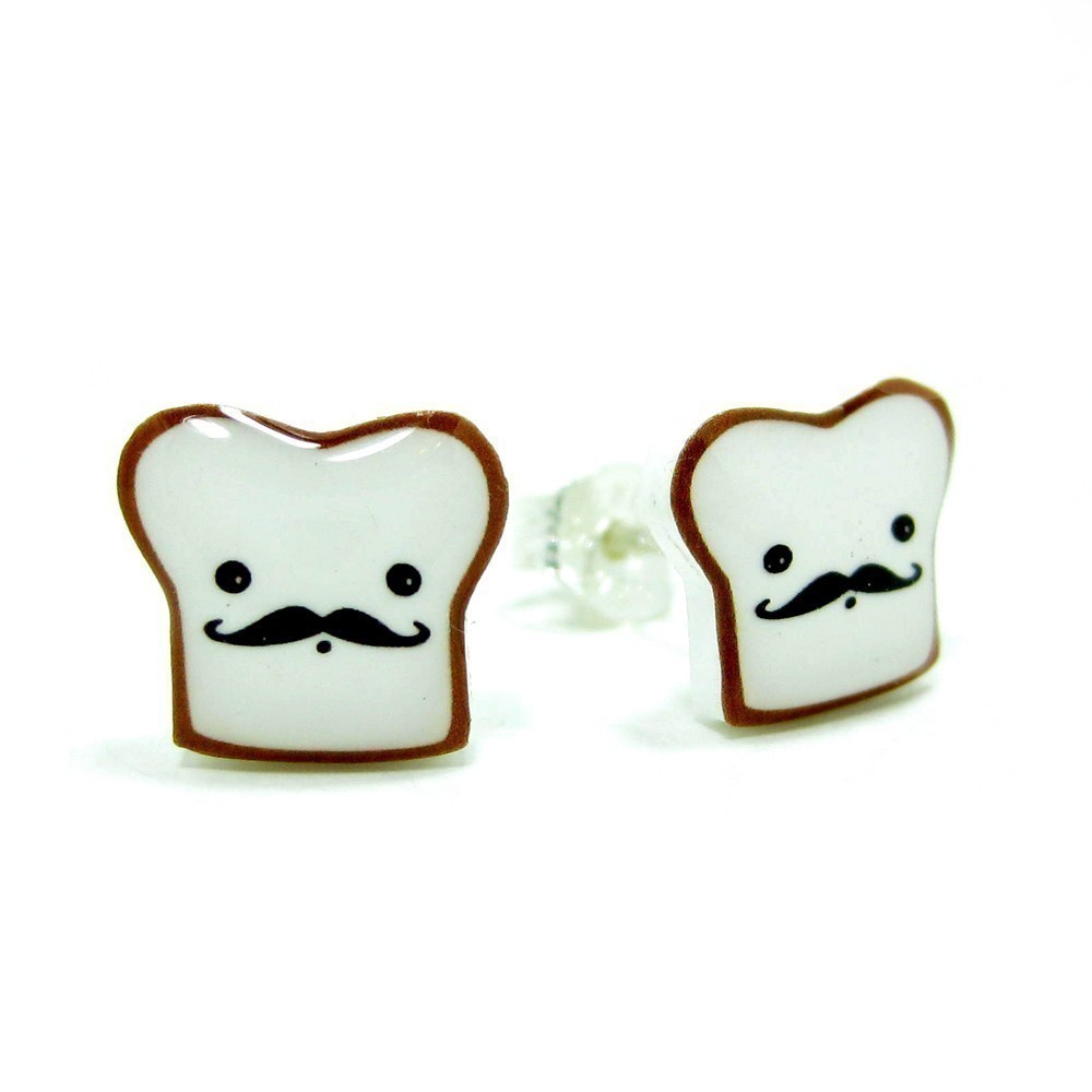 French Toast Earrings - Sterling Silver Posts Studs Kawaii Cute Moustache