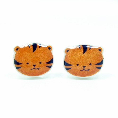 Tiger Earrings - Orange Black Sterling Silver Posts Studs Kawaii Cute
