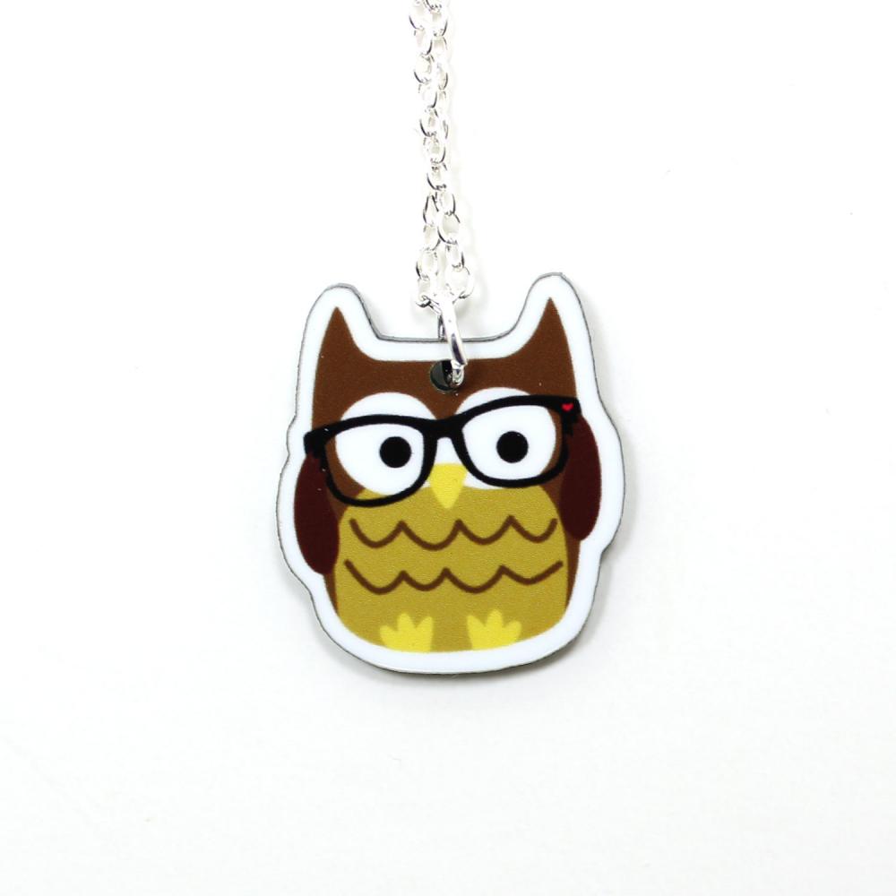 Nerdy Owl Acrylic Charm Necklace On Silver Plated Chain - Brown Kawaii Cute