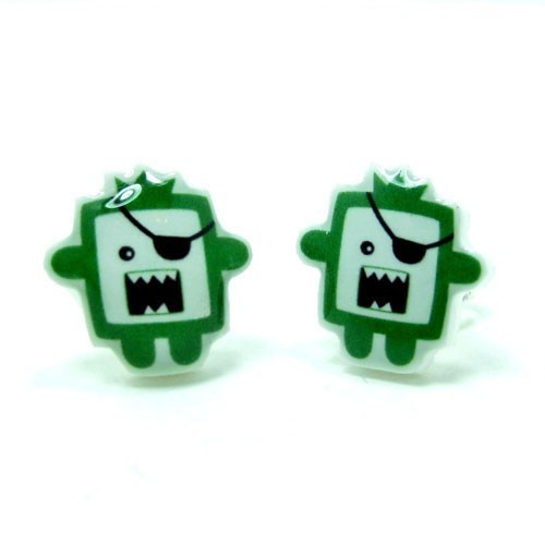Timmy The Green Pirate Monster Earrings - Sterling Silver Posts Stud Kawaii Cute