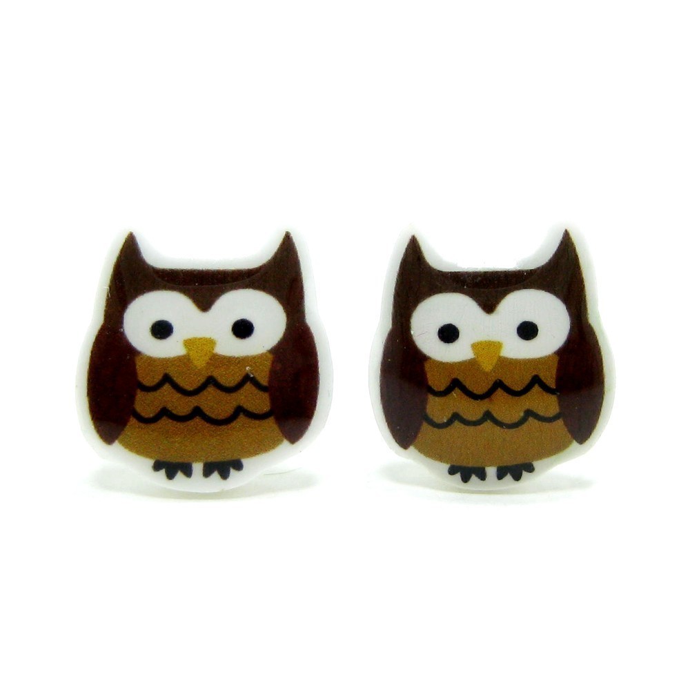 Owl Earrings - Brown Sterling Silver Posts Studs Kawaii Cute