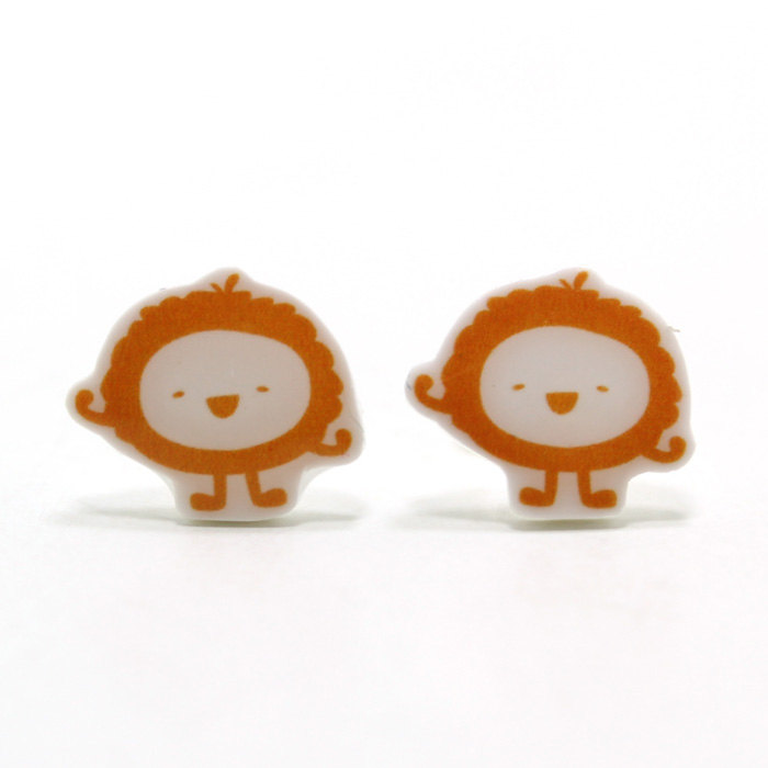 Fluffy Orange Monster Earrings - Sterling Silver Posts Studs Kawaii Cute