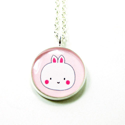 Bunny Necklace - Pink White Kawaii Cute Silver Plated 17 Inch