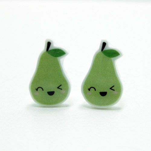 Winking Green Pear Earrings - Sterling Silver Posts Studs Kawaii Cute