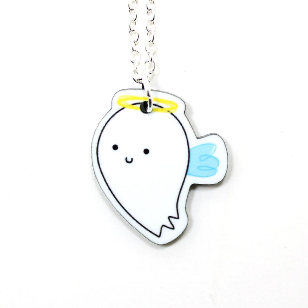 Angel Acrylic Charm Necklace On Silver Plated Chain - White Kawaii Cute