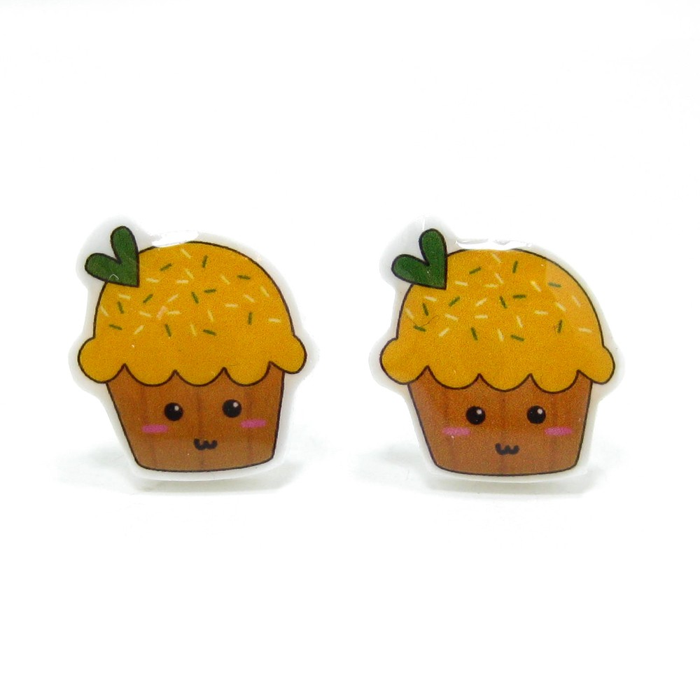 Yellow Cupcake Earrings - Sterling Silver Posts Studs Kawaii Cute