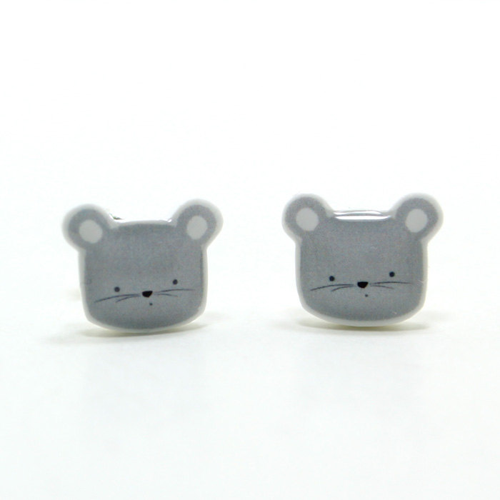 Tiny Grey Mouse Earrings - Gray Sterling Silver Posts Studs Kawaii Cute
