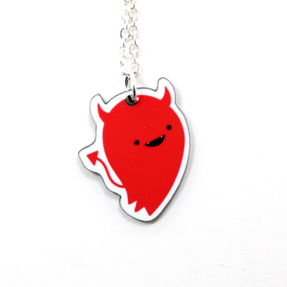 Devil Acrylic Charm Necklace On Silver Plated Chain - Red Kawaii Cute