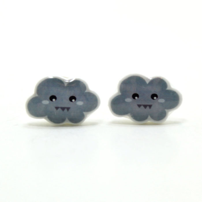 Stormy Cloud Earrings - Grey Sterling Silver Posts Studs Kawaii Cute